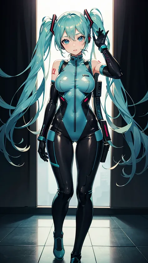 Hatsune Miku Vocaloid, Twin Tails, Light Blue Eyes, Light Blue Hair, Pichi Pichi Bodysuit, Cyber punk, Ultimate Physical Beauty, Beautiful Eyes, embarrassed look , Big Breasts, 8K CG, Top Quality, Best Image Quality,