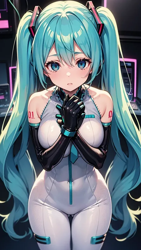 Hatsune Miku Vocaloid, Twin Tails, Light Blue Eyes, Light Blue Hair, Pichi Pichi Bodysuit, Cyber punk, Ultimate Physical Beauty, Beautiful Eyes, embarrassed look , Big Breasts, 8K CG, Top Quality, Best Image Quality,