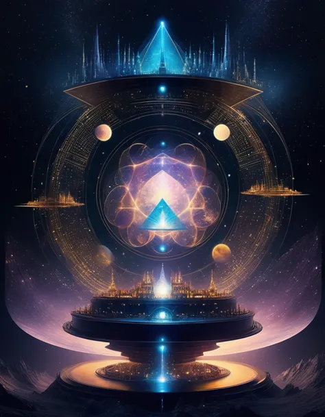 magic dream castle, sacred geometry, clear focus, floating ghost mage, heaven and earth collapsed, mobius strip, black hole, lot...