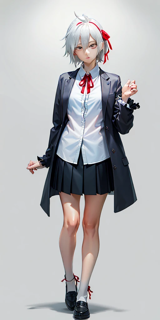 ((casual-style)), 1girl, solo, white hair, shirt, red ribbon, ribbon, looking at viewer, long hair, full body, white eyes, white shirt, grey eyes, hair between eyes, neck ribbon, collared shirt, cardigan, closed mouth, expressionless, jacket, simple backgr...