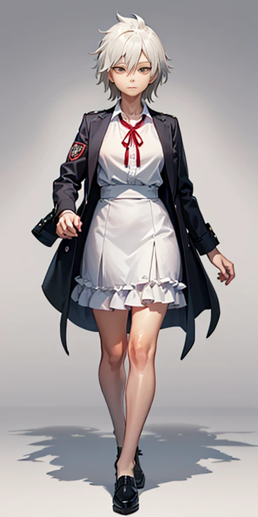 ((casual-style)), 1girl, solo, white hair, shirt, red ribbon, ribbon, looking at viewer, long hair, full body, white eyes, white shirt, grey eyes, hair between eyes, neck ribbon, collared shirt, cardigan, closed mouth, expressionless, jacket, simple backgr...