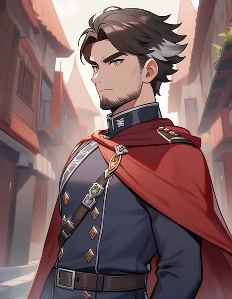 1man, derpixon, fandeltales, parted bangs, (short gray hair, silver colored tips two-tone hair, multicolored dark brown hair), solo, thick eyebrow, masculine handsome Kight, beard, green eyes, black pupils, lens eye, red cloak, dark-blue military uniform, ...