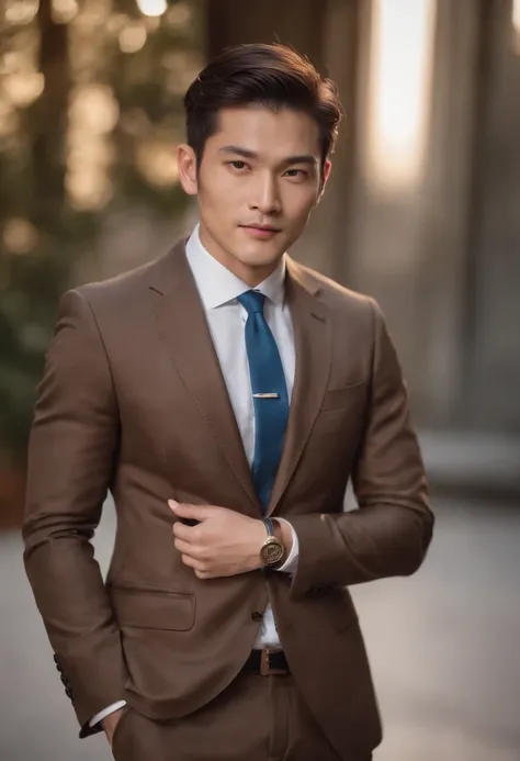 Portrait of a 30-year-old Japan man dressed in elegant and luxurious business style. Dressed in a brown Gucci tailored suit, White dress shirt, Blue Silk Tie, and black leather brogues. The appearance is elegant and sophisticated.　Elegant business hairstyl...