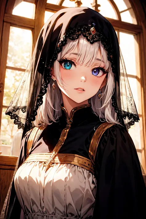 sakimichan style, Urop Style, Portraiture, Detailed painted face, Beautiful woman, Fuller lips, Opaque Veil, Medieval Veil, Head rail, 12th century, Eyes with heterochromia, Rainbow Eyes, Medieval costume, Brot, Lord of the Rings Gown, Near perfect, Beauti...