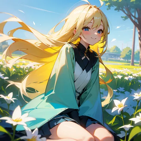 Put on a bright smile、A pretty blonde girl sitting in a wariza in a flower park。She had her long hair blowing in the wind、Surrounding flowers々Surrounded by the scent of。That smile is、As warm as the spring sunshine、Gives a pleasant feeling of happiness。She ...