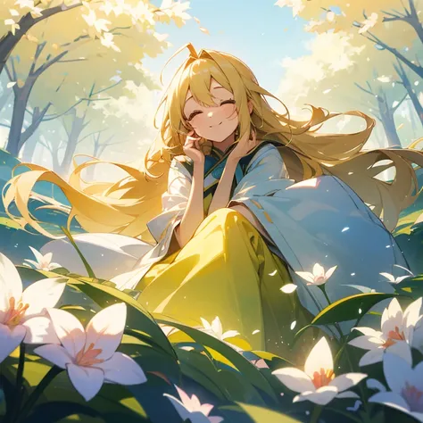 Put on a bright smile、A pretty blonde girl sitting in a wariza in a flower park。She had her long hair blowing in the wind、Surrounding flowers々Surrounded by the scent of。That smile is、As warm as the spring sunshine、Gives a pleasant feeling of happiness。She ...