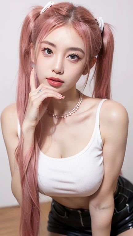 21yo girl, pink hair, (twintail Hair). Bitting her lower lip while closing her eye,Wearing white oversize t-shirt,, show shoulders, cleavage, show big thigh, natural big brseast,hands holding breasts,plumpy body, doggy pose