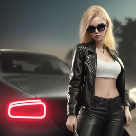 beautiful young woman in a black leather jacket stands casually in front of an old car.in the center of the frame.Red headlights shining on the face.short top and shorts,blonde hair,slight smile,gun,in digital art style,with neon lights and a background of...