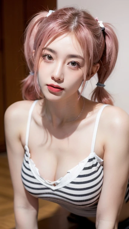 8k,ultrahd,21yo girl, pink hair, (twintail Hair). Bitting her lower lip while closing her eye,detailed striped camisole croped tank top:1.4), show shoulders, cleavage, show big thigh, natural big brseast,hands holding breasts,plumpy body, doggy pose