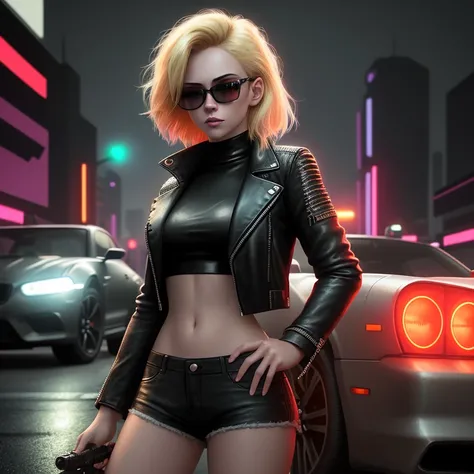 beautiful young woman in a black leather jacket stands casually in front of an old car.in the center of the frame.Red headlights shining on the face.short top and shorts,blonde hair,slight smile,gun,in digital art style,with neon lights and a background of...