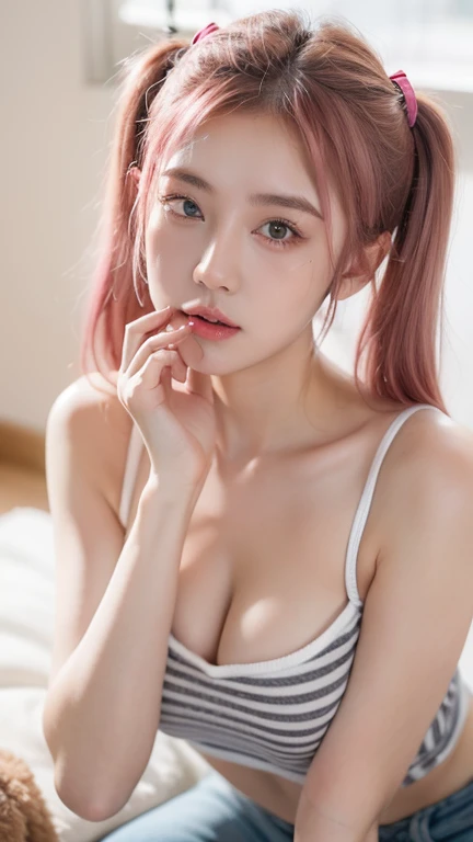 8k,ultrahd,21yo girl, pink hair, (twintail Hair). Bitting her lower lip while closing her eye,detailed striped camisole croped tank top:1.4), show shoulders, cleavage, show big thigh, natural big brseast,hands holding breasts,plumpy body, doggy pose, open ...