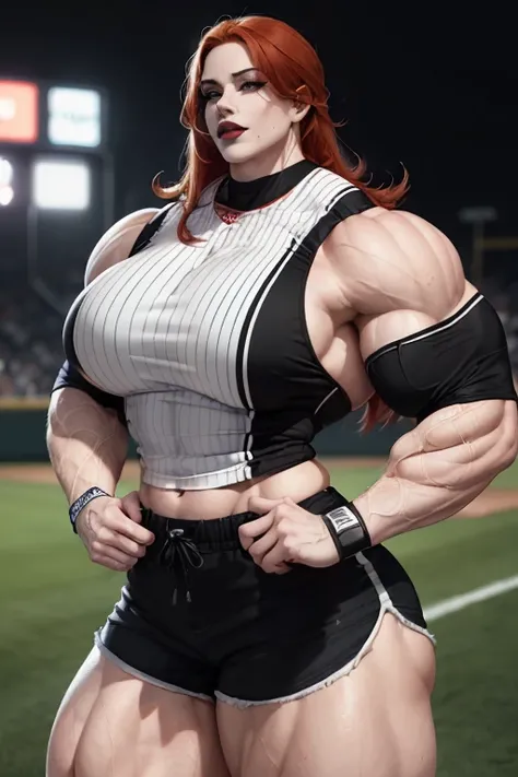 (((((Massive, tall, beautiful, pale white skinned, buff, muscular woman with red hair, black lipstick, ginormous bulky muscles and wearing a black and white stripe baseball jersey with shorts))))), (close view), (massive muscles), massive biceps, hyper mus...