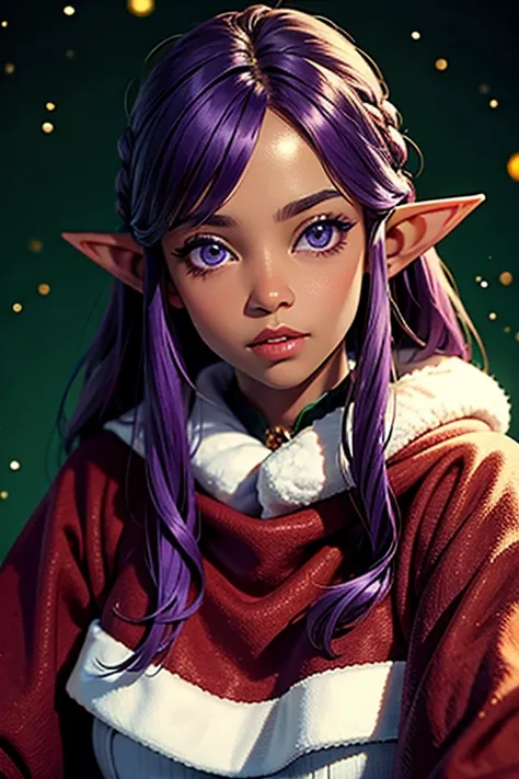 (masterpiece), best quality, expressive eyes, perfect face, elf, christmas clothes, christmas background, dark skin,purple hair