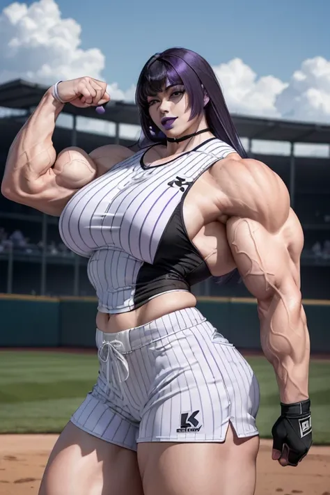 (((((Massive, tall, beautiful, pale white skinned, buff, muscular asian woman with violet purple hair, black lipstick, ginormous bulky muscles and wearing a black and white stripe baseball jersey with shorts))))), (close view), (massive muscles), massive b...