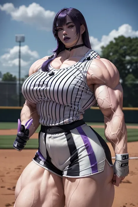 (((((Massive, tall, beautiful, pale white skinned, buff, muscular asian woman with violet purple hair, black lipstick, ginormous bulky muscles and wearing a black and white stripe baseball jersey with shorts))))), (close view), (massive muscles), massive b...