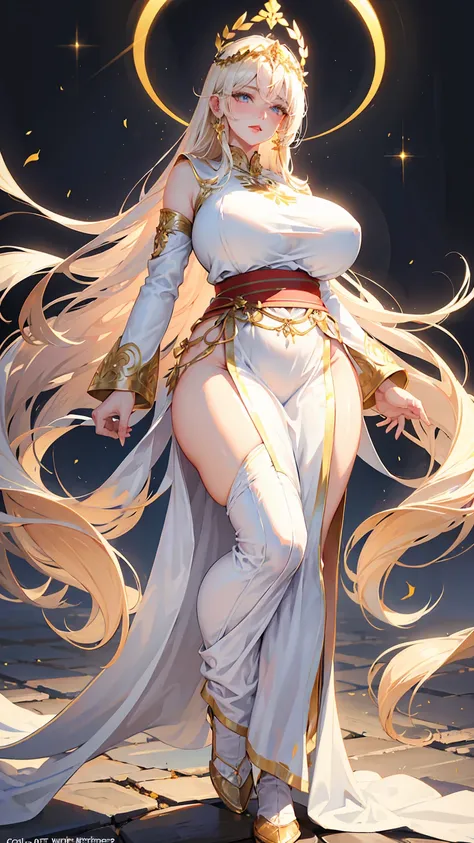 1Woman milf greek goddess "Giant breasts" + "large rear" + "tall"+ "wide hips" + " tiny waist" + "plump thighs" + "golden eyes"+ " Long white Hair" +"Red Lips" + "Lucious Lips"”) outfit: (Long, loose white tunic, made of light, flowing silk fabrics. The tu...