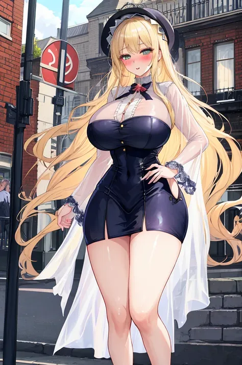 A woman with big ，(Gorgeous woman)，ahegao，Expose，Victorian style，Flowing fabric，Short skirt，Long blond hair，((Transparent Clothes))，(Blush:1.2)，Slender legs，Smooth legs，On the streets of London，