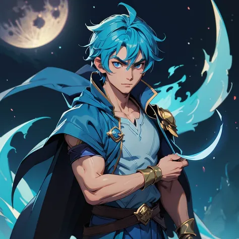 Anime boy, Wearing a blue cape, Blue flames around his body, Beautifull moon behing 