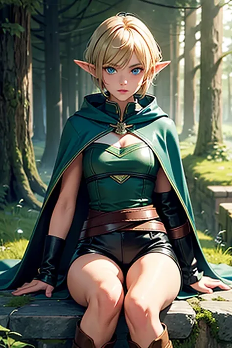 (masterpiece), best quality, expressive eyes, androgynous, stoic expression, elf, heterochromia, green and blue eyes, brown hair, blonde highlights, pixie cut, beautiful features, strong nose, leather chest guard, green cloak, small breasts, muscular legs,...