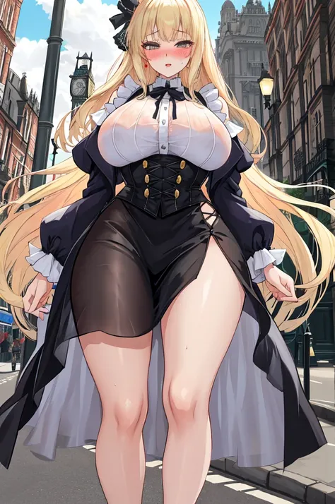 A woman with big ，(Gorgeous woman)，ahegao，Victorian style，Flowing fabric，Suspender Skirt，Long blond hair，(transparent)，((See-through clothes))，(Blush:1.2)，Smooth legs，hip bone，On the streets of London，