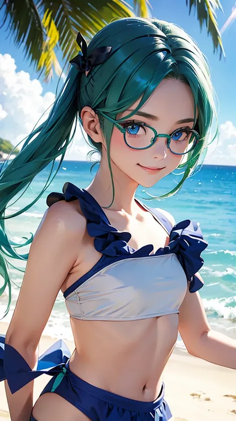 highest quality、Realistic、woman、Japanese、zoom、cute、Ocean、Cobalt blue eyes、Green hair、Twin tails、Swimwear、Face close-up、thin、Small breasts、smile、Glasses