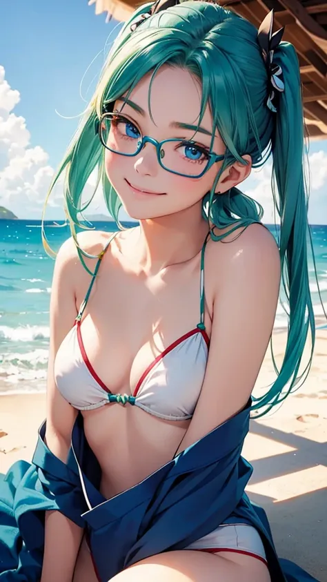 highest quality、Realistic、woman、Japanese、zoom、cute、Ocean、Cobalt blue eyes、Green hair、Twin tails、Swimwear、Face close-up、thin、Small breasts、smile、Glasses