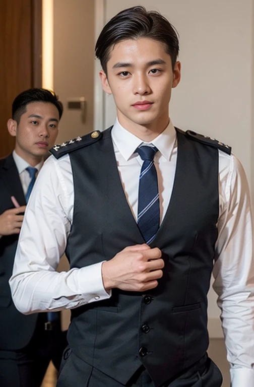 1 young handsome guy，20-22 years old，police officers，Interpol，Police Department，Handsome，musculous，hairy bodies，police uniforms（Fine eye 1：3），Black eyes，full bodyesbian