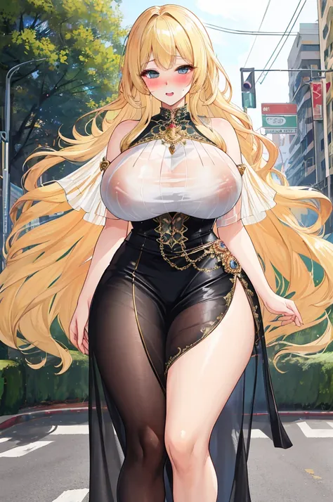 A woman with big ，(Gorgeous woman)，ahegao，Gorgeous Rococo skirt，Long blond hair，Exquisite，Protruding lower chest，(transparent)，((See-through clothes))，(Blush:1.2)，on the street，