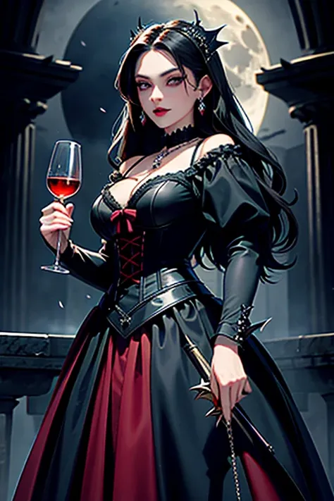 (masterpiece), best quality, expressive eyes, perfect face, noble, vampire lady, gothic corset, gothic skirt, gothic dress, jewelry, pentagram necklace, vampire fangs, holding a goblet, holding a gothic sword, blood, dark magic, horror, seductive, cunning,...