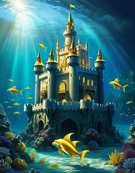 A castle on the bottom of the sea, many sea creature pass it. The castle itself has a bright golden shine from inside. many horseman ready to march from the inside