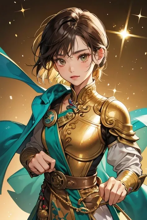  Thai descent. She has tan skin and short, messy brown hair which, she begins wearing golden armor chest plate with a teal Frog symbol and accents over her usual clothing. SPARKLE; GLITTER