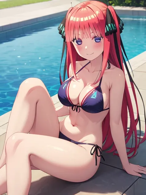 best quality, ultra-detailed masterpiece, nino nakano, large breasts, blush, smile, bikini swimsuit, legs focus