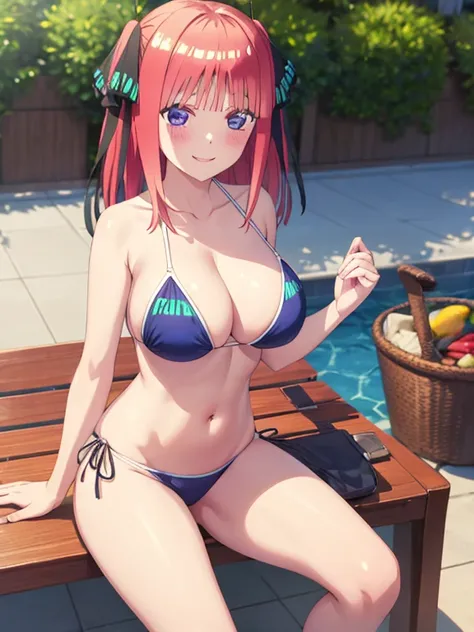 best quality, ultra-detailed masterpiece, nino nakano, large breasts, blush, smile, bikini swimsuit, legs focus