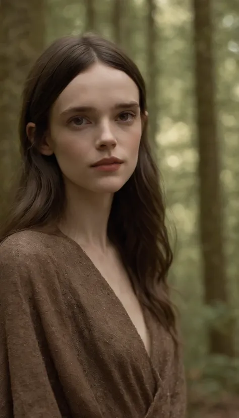 (Stacy Martin) "An extraordinary masterpiece, with intricate details, capturing the essence of absurdity (+1.2 creativity boost). A mesmerizing photo of a single girl, nestled in the depths of the dark forest. She stands by a crackling bonfire, dressed in ...