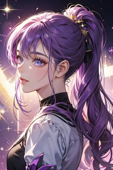 has one ponytail in her hair and wears purple. SPARKLE; GLITTER