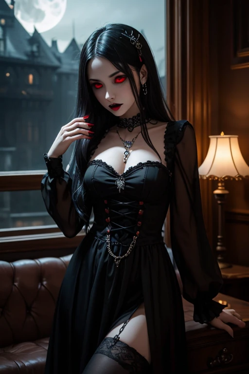 1girl, vampire, gothic dress, glowing eyes, jewelry, fangs, skinny, gothic home decor, night time