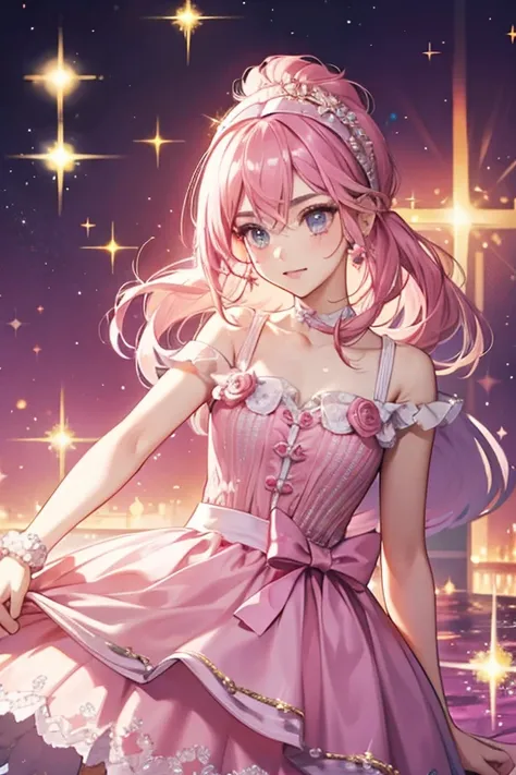  wears a headband, and dresses in pink.  SPARKLE; GLITTER