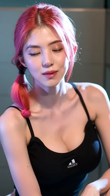 8k,ultrahd,21yo girl, pink hair, (twintail hair). bitting her lower lip while closing her eye,detailed striped camisole croped t...