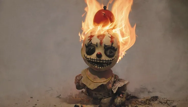 voodstyle, a voodoo clown doll burning on fire, deep shadows, perfect composition,