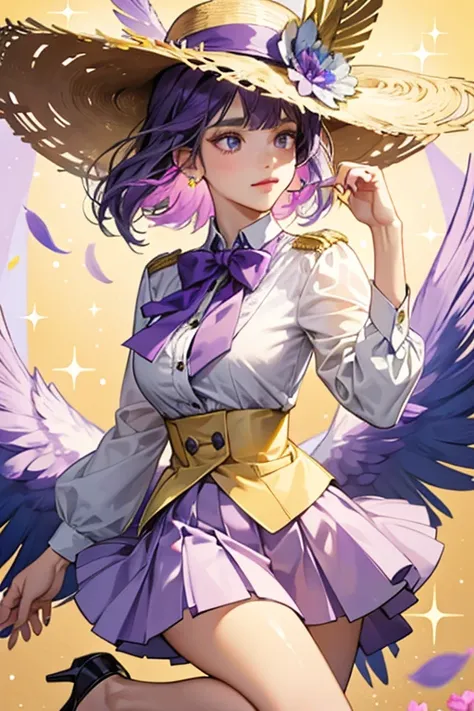  she has white feathers and a golden-yellow beak. Clothing-wise, she wears a tight-fitted purple button-up blouse with three large dark-purple buttons running down the front and a matching purple skirt and heels. She accessorizes with a beautiful blue bowt...