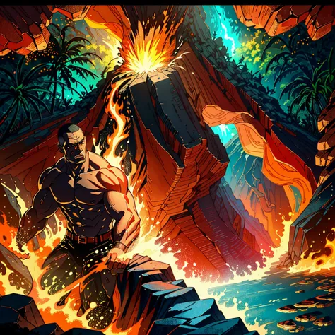 wwe superstar, the rock, portraying a lava demon, emerges from a fiery pool of molten lava in the lush tropics of hawaii. with a...