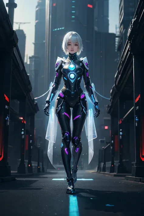 a translucent and mysterious mechanical girl, futuristic girl, mechanical joint, futuristic city background, full body shot