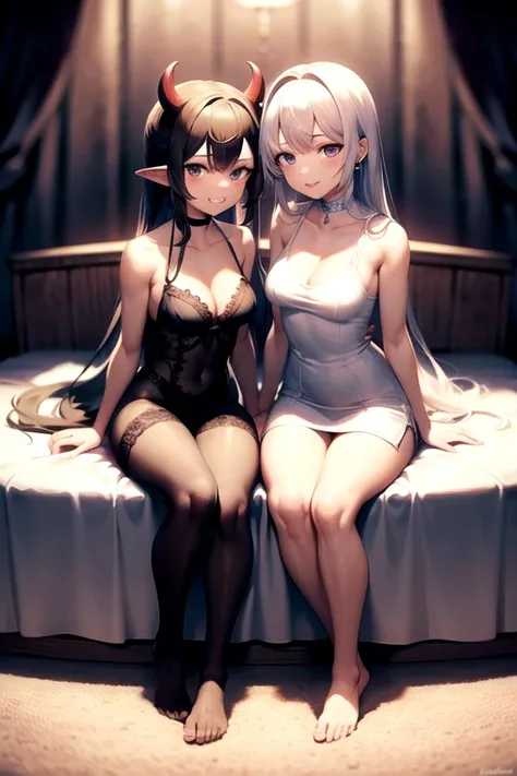 masterpiece, highest quality, Very detailed, figure, (Two Girls), sole　barefoot　Very detailed足の裏　Very detailed足の指　Turn your feet　Grin　Devil horns　Devils Ears　soleを見せつける　