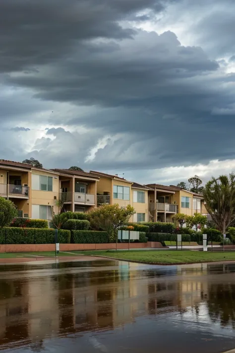 Rainy day in California. Luxury condo community. Rain storm. No humans.