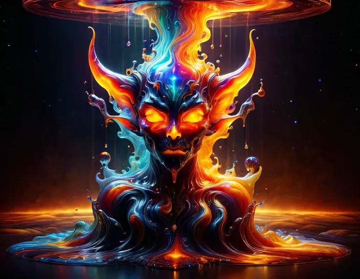 swirling melted wax forms the face of a beautiful demon inside a transparent lava lamp, nebulous cloud effect background, celest...