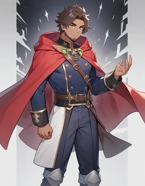 1man, derpixon, fandeltales, parted bangs, (short gray hair, silver colored tips two-tone hair, multicolored dark brown hair), solo, middle-thick eyebrow, masculine handsome prince, beard, tanned skin, green eyes, black pupils, lens eye, red cloak, dark-bl...