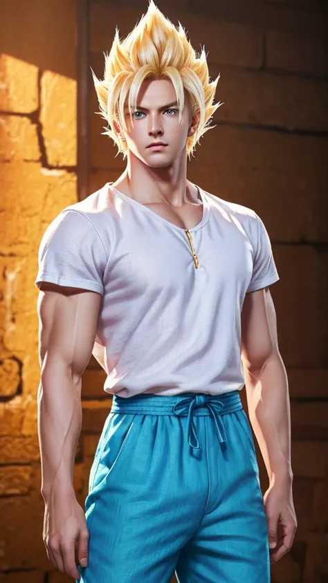 Masterpiece, Ultra realistic, 16k, high quality, incredibly detailed, dream aesthetic, dream atmosphere, pretty man. Tall. Son Goku (super saiyan) from Dragon Ball Z (Majin buu saga), shiny (pale-blond) hair, realistic pale-golden hair, messy spiky hair. T...