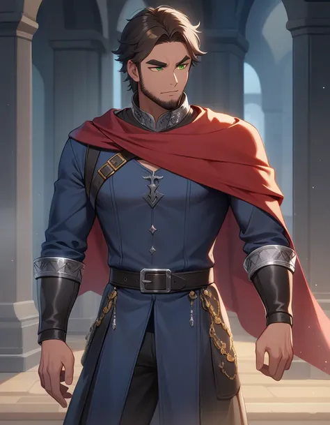 1man, derpixon, fandeltales, parted bangs, (short gray hair, silver colored tips two-tone hair, multicolored dark brown hair), solo, middle-thick eyebrow, masculine handsome prince, beard, green eyes, black pupils, lens eye, tanned skin, red cloak, dark-bl...