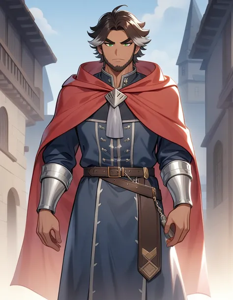 1man, derpixon, fandeltales, parted bangs, (short gray hair, silver colored tips two-tone hair, multicolored dark brown hair), solo, middle-thick eyebrow, masculine handsome prince, beard, green eyes, black pupils, lens eye, tanned skin, red cloak, dark-bl...