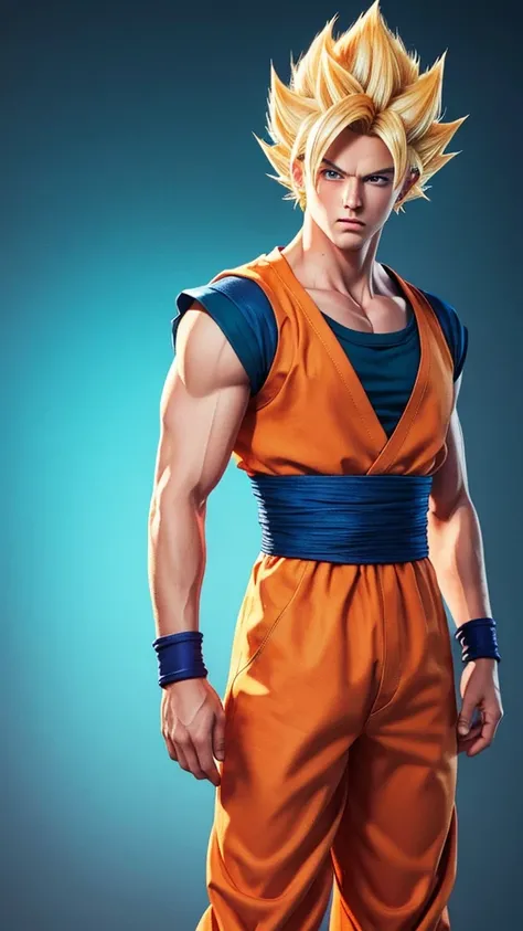 Masterpiece, Ultra realistic, 16k, high quality, incredibly detailed, dream aesthetic, dream atmosphere, pretty man. Tall. Son Goku (super saiyan) from Dragon Ball Z (Majin buu saga), shiny (pale-blond) hair, realistic pale-golden hair, messy spiky hair. T...